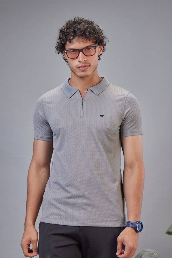 Jacquard Ribbed Zip Polo T-Shirt