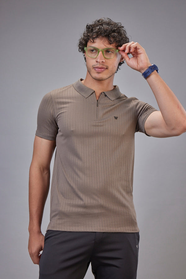 Jacquard Ribbed Zip Polo T-Shirt