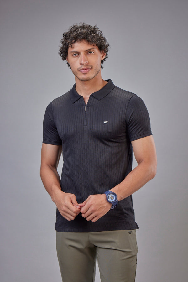 Jacquard Ribbed Zip Polo T-Shirt