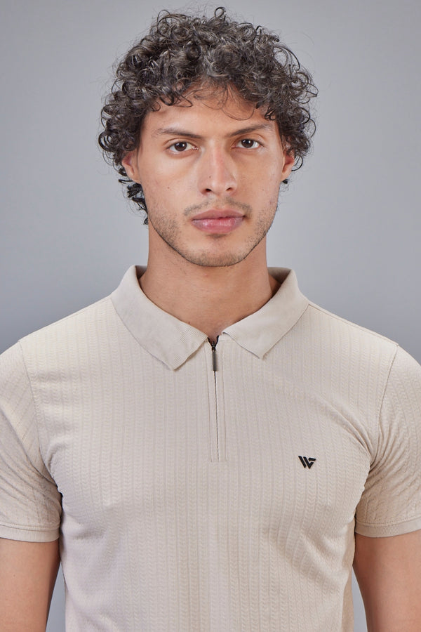 Jacquard Ribbed Zip Polo T-Shirt